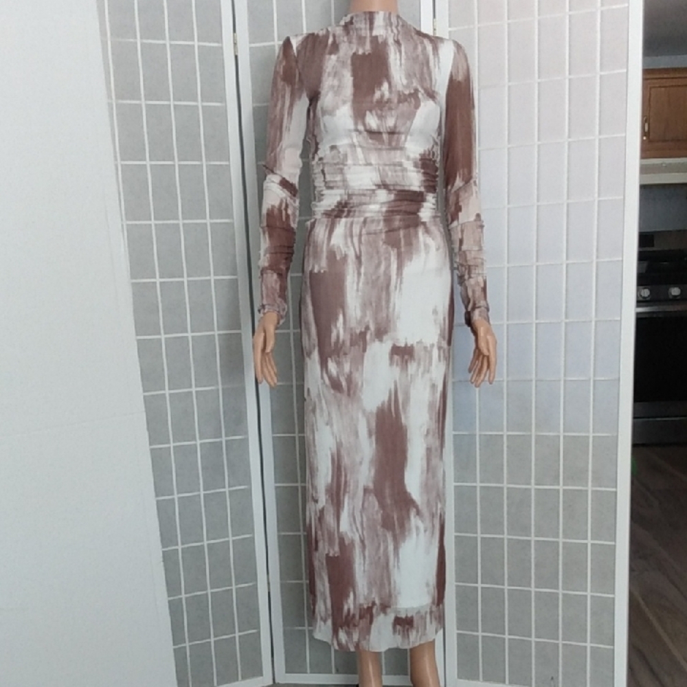 Commense Brown and White Brushstroke Maxi Dress Women's XS -Long  Ruched Sleeves - Picture 7 of 15
